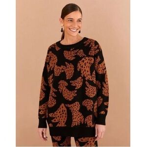 FARM Rio Women’s Black Brown Bananica Intarsia Crewneck Oversized Sweater XS